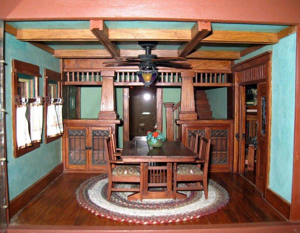 A scratch-built miniature Craftsman style house. 