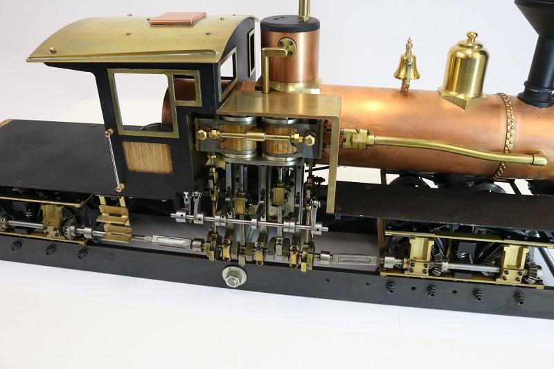 This scale model Shay locomotive has a number of working mechanisms and can be run on compressed air. 