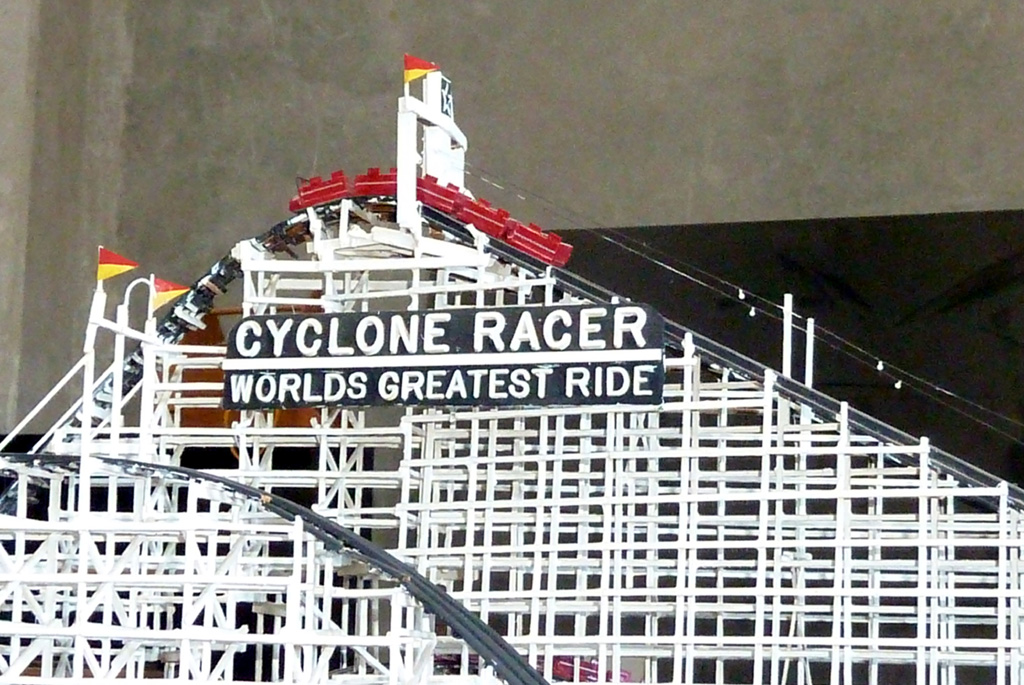 This wooden model of the roller coaster, "Cyclone Racer" was built in HO scale. 