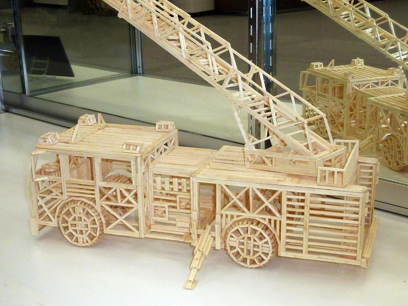 This miniature NYFD ladder truck was made entirely from matchsticks.