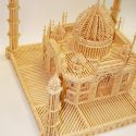 A miniature model of the Taj Mahal made entirely from matchsticks.