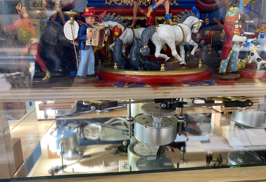 A close-up of the unfinished Circus Theater music box showing some of the gears.
