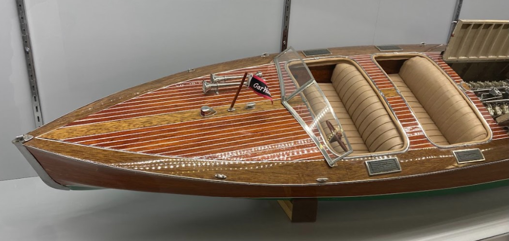 The sleek runabout hull was built from a single plank of mahogany and a single plank of white oak.