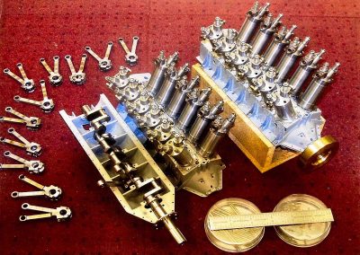 Mr. Chenot's 1/6 scale Liberty V-12 marinized aircraft engines prior to full assembly.