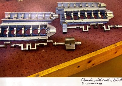 Crankshafts and crankcases for the two 1/6 scale Liberty V-12 engines.