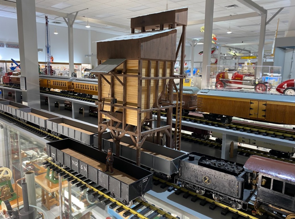 This is a G-scale wooden coaling station used for model locomotives.